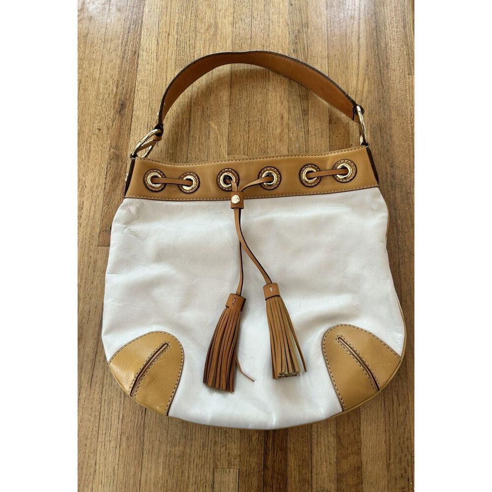 Michael Kors white/tan Griffin drawstring hobo bucket shoulder bag purse